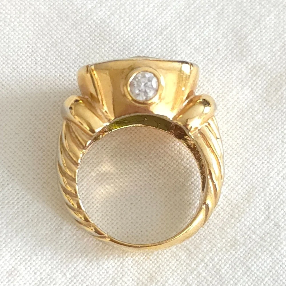 Vintage Sterling 925 Gold Tone Chunky Ring Green Faceted Glass Stone PAS Size 8